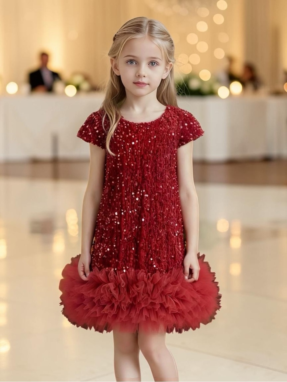 Red Sequined Tulle Hem Party Dress